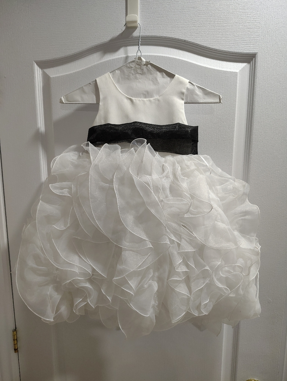 White Ruffled Tulle Flower Girl Dress with Black Sash